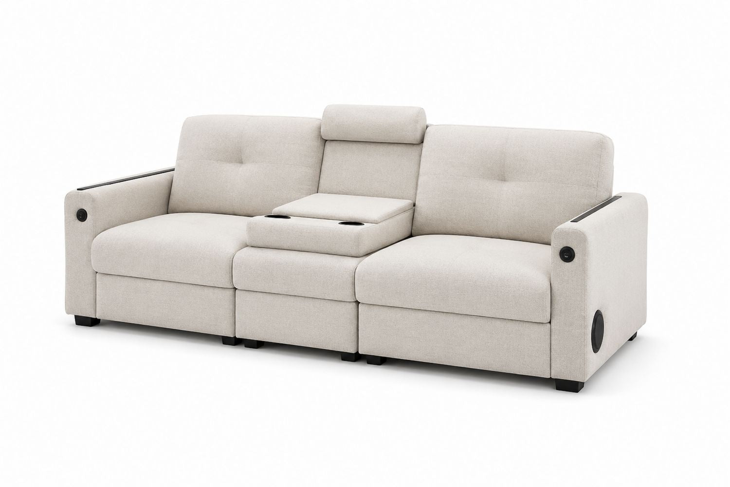 Sofa trzyosobowa materiałowa beżowa z funkcją rozkładania i uchwytami na kubki
