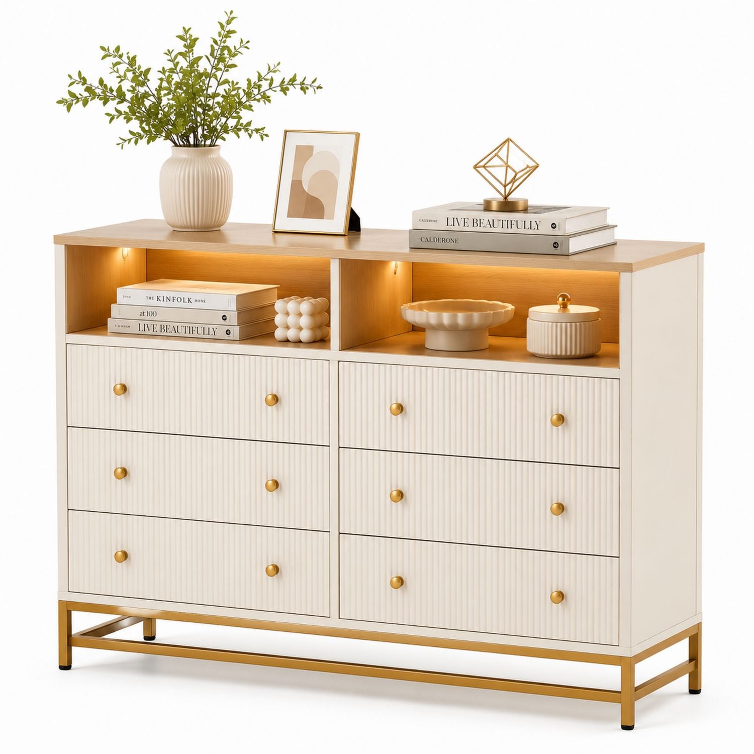 Komoda z sześcioma szufladami MDF i stal 140x40x90 cm Kremowy/Złoty
