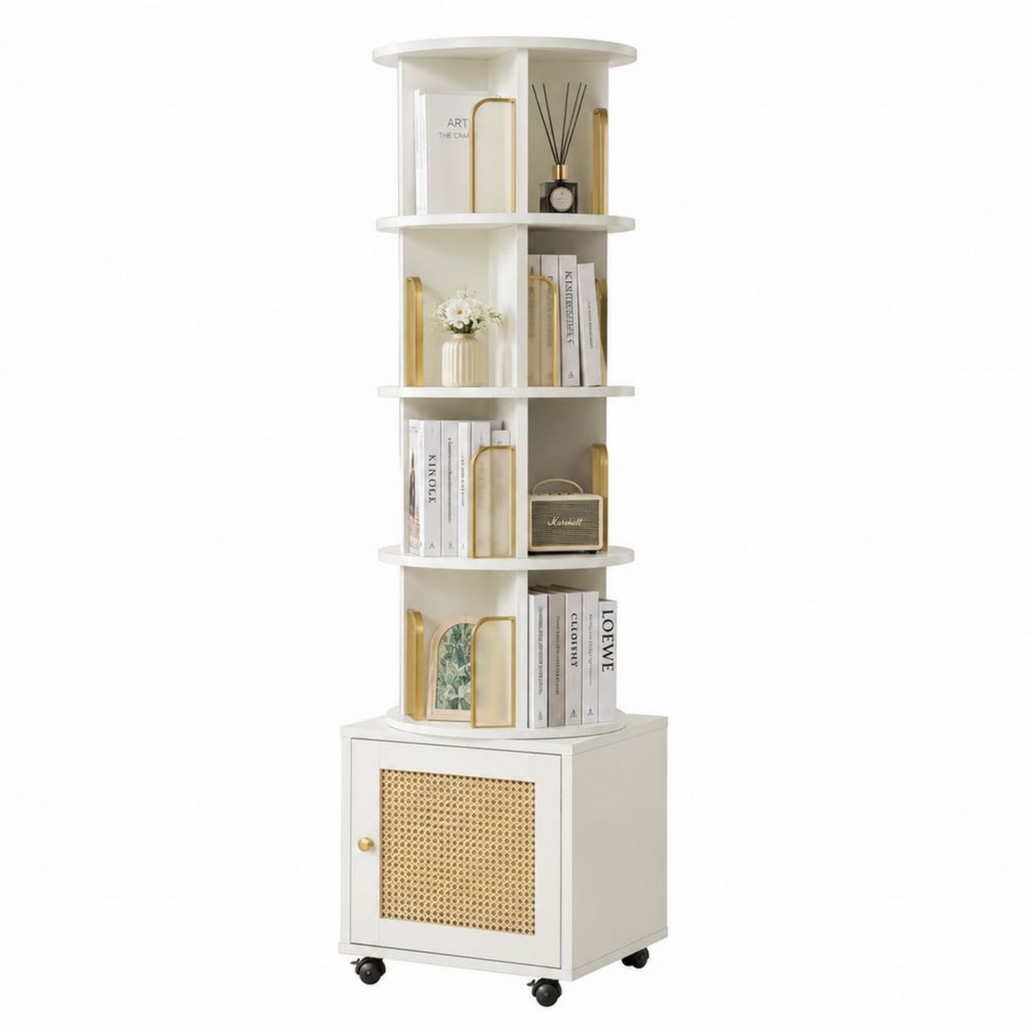 Regał obrotowy z MDF i metalu, biały/złoty, 150 cm