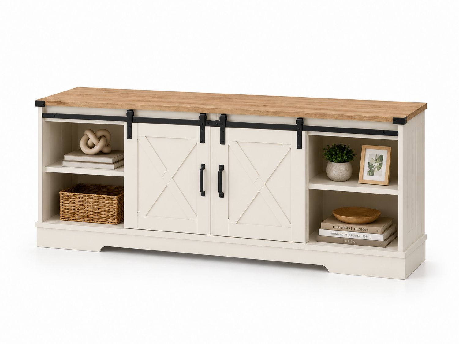 Szafka RTV z płyty MDF i blatem dębowym, Biały i Dąb, 150x60x40cm