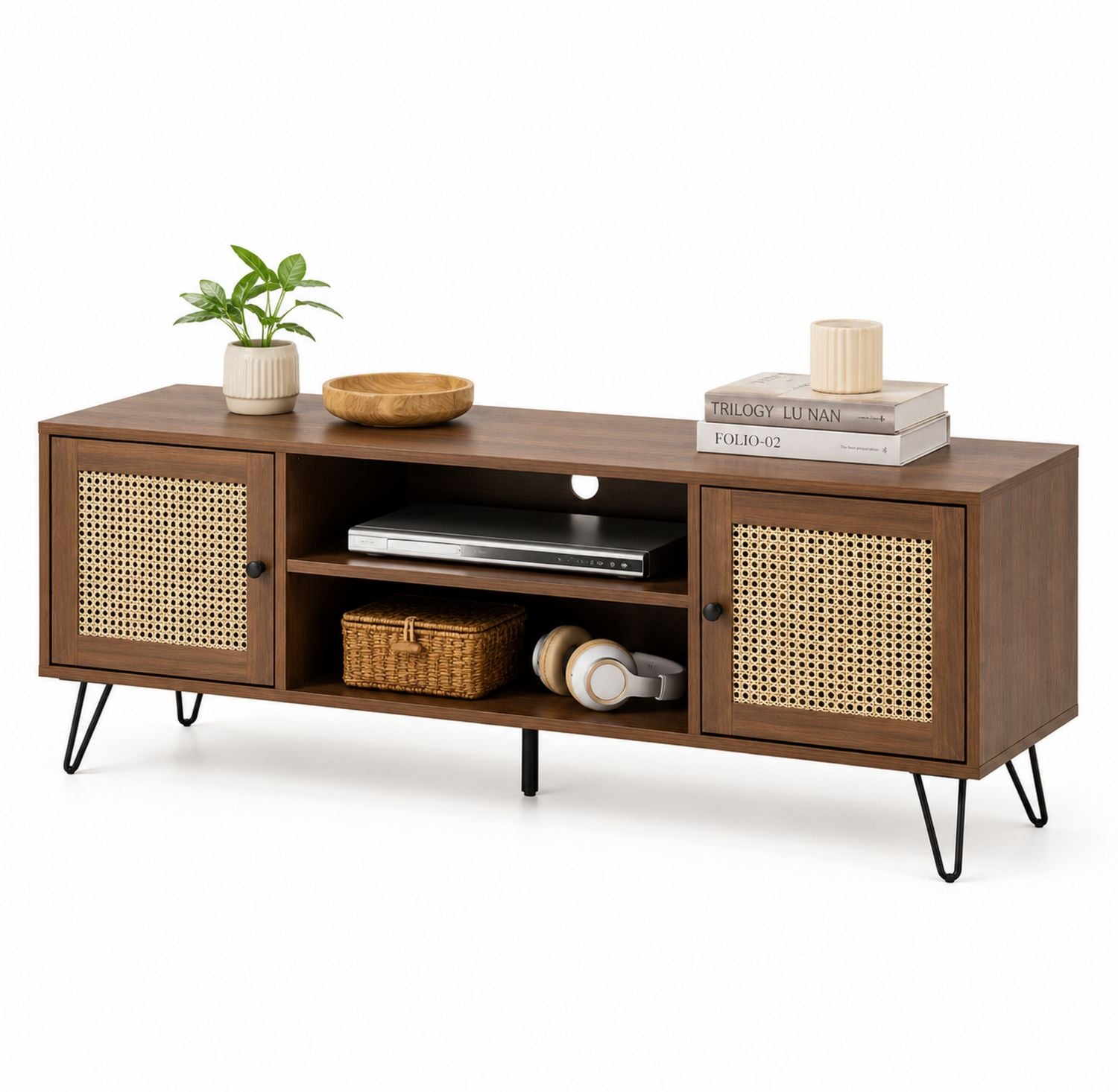 Szafka RTV drewniana z rattanowymi drzwiczkami i metalowymi nogami 150x40x55 cm