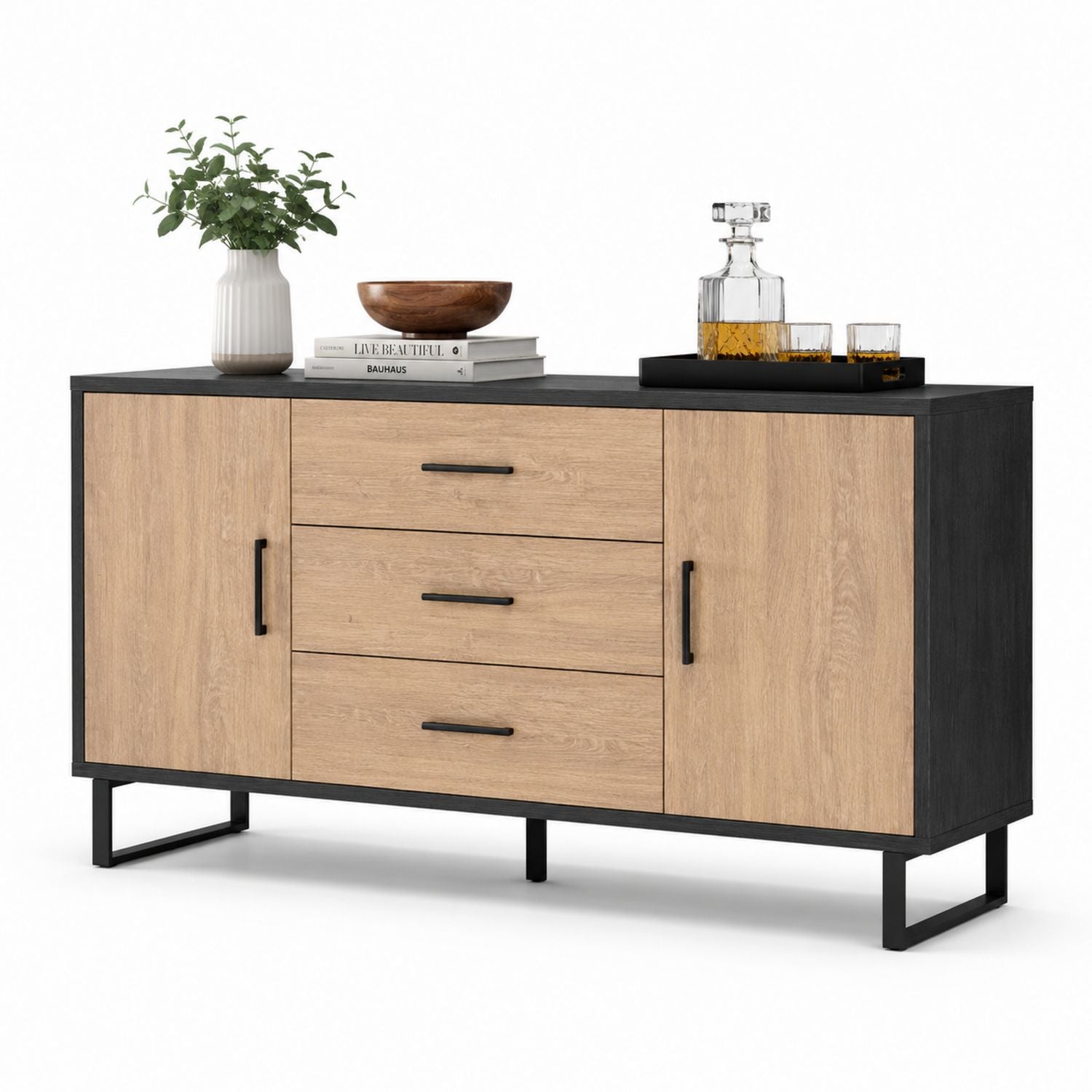 Szafka z MDF i Metalowym Stelażem 150 × 45 × 80 cm Czarny/Dąb